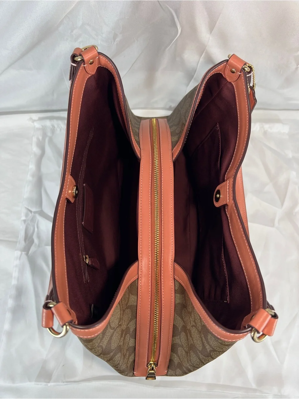 COACH C6232 Kristy Shoulder Bag In Signature Canvas Khaki Coral Pink EUC